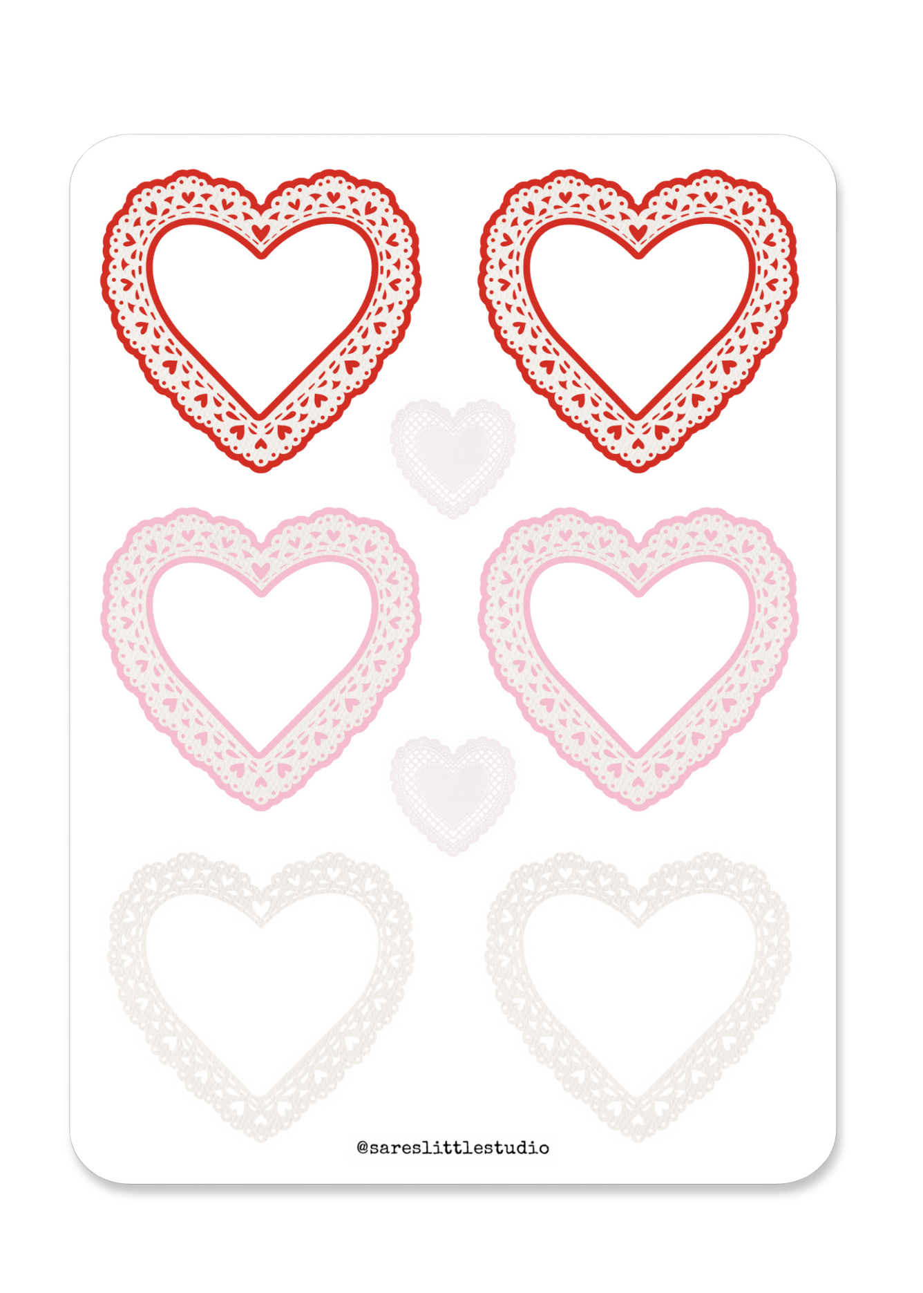 Valentine Doily Heart Frames Sticker Sheet (6.5” x 9”)- Matte