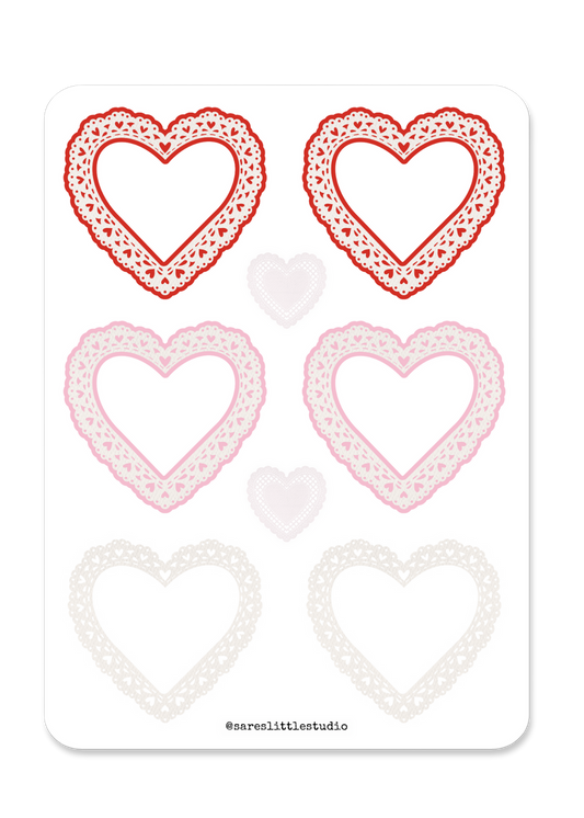 Valentine Doily Heart Frames Sticker Sheet (6.5” x 9”)- Matte
