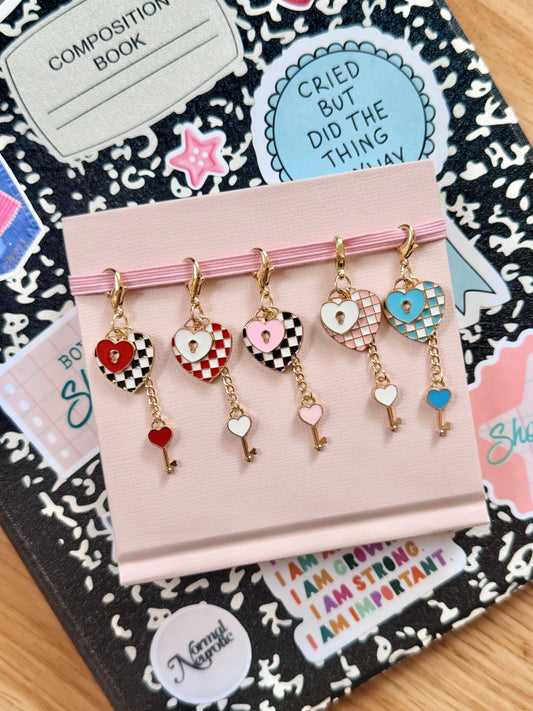 Checkered Heart with Lock + Key Charms