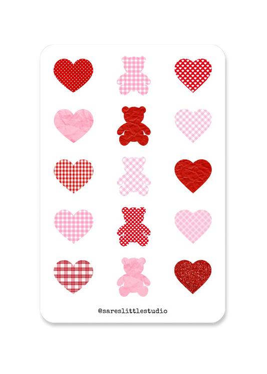 Pink/Red Hearts & Teddy Bears Sticker Sheet - Matte