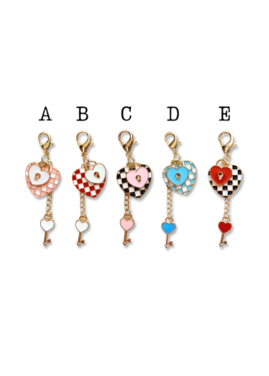 Checkered Heart with Lock + Key Charms