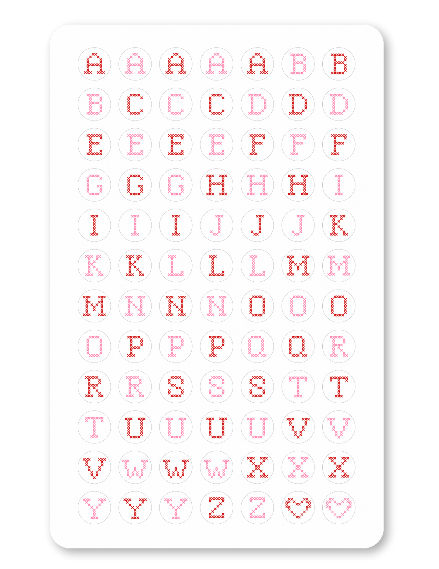 Red & Pink Cross Stitch Letters Sticker Sheet - Matte
