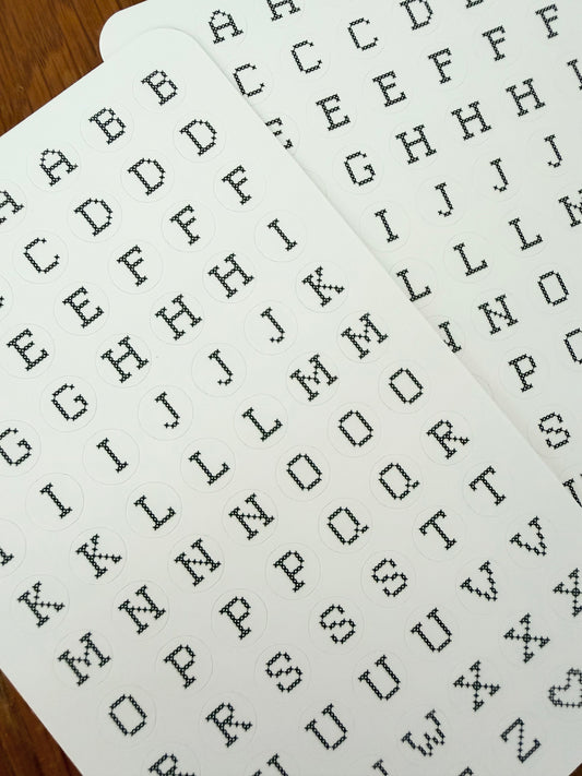Black & White Cross Stitch Letters Sticker Sheet - Matte