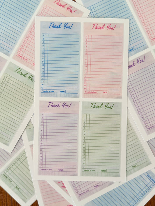 Colorful “Thank You!” Guest Checks Sticker Sheet - Matte