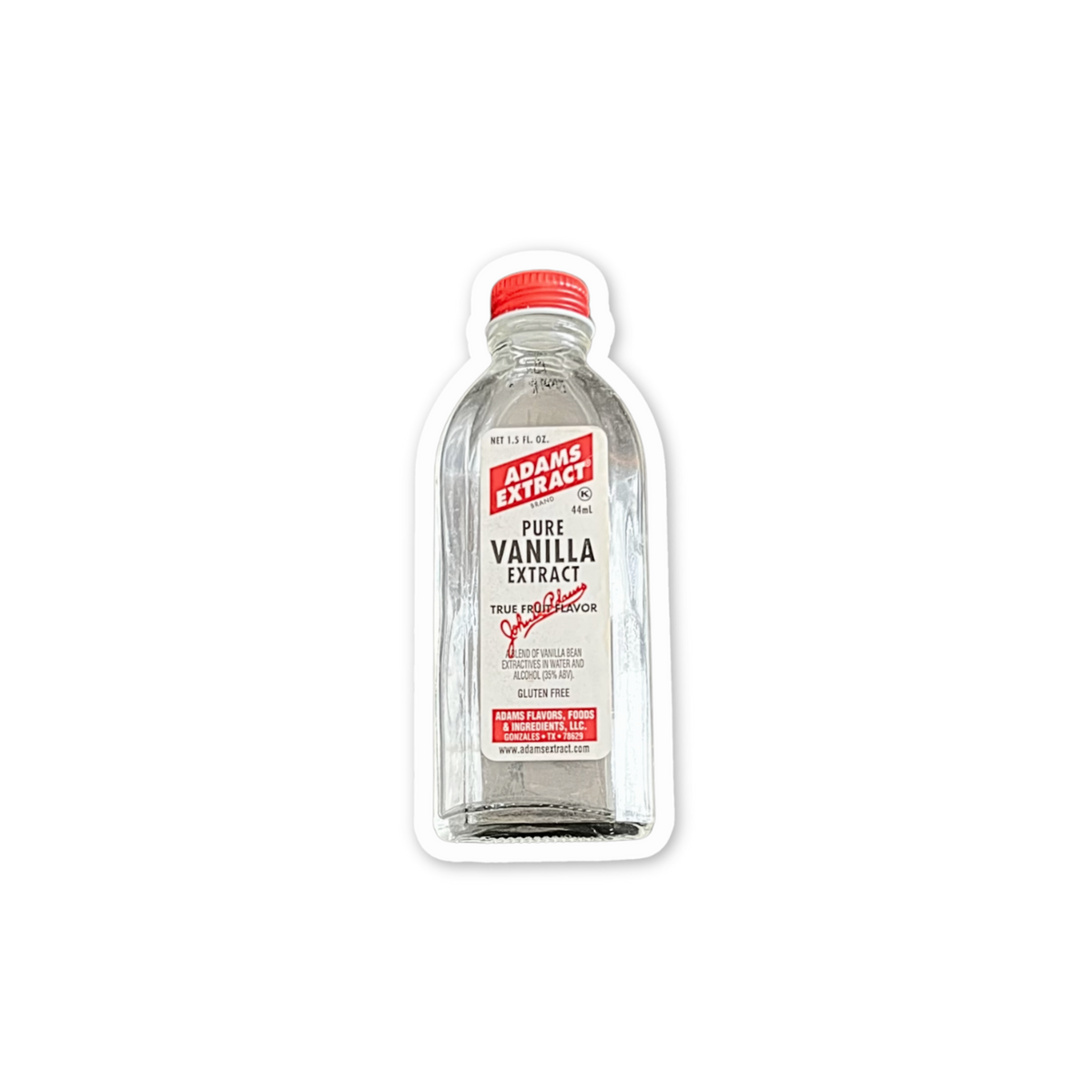 A die-cut sticker shaped like a vintage bottle of Adams Extract Pure Vanilla Extract, featuring a white label with red and black text and a red cap, shown on a plain white background.